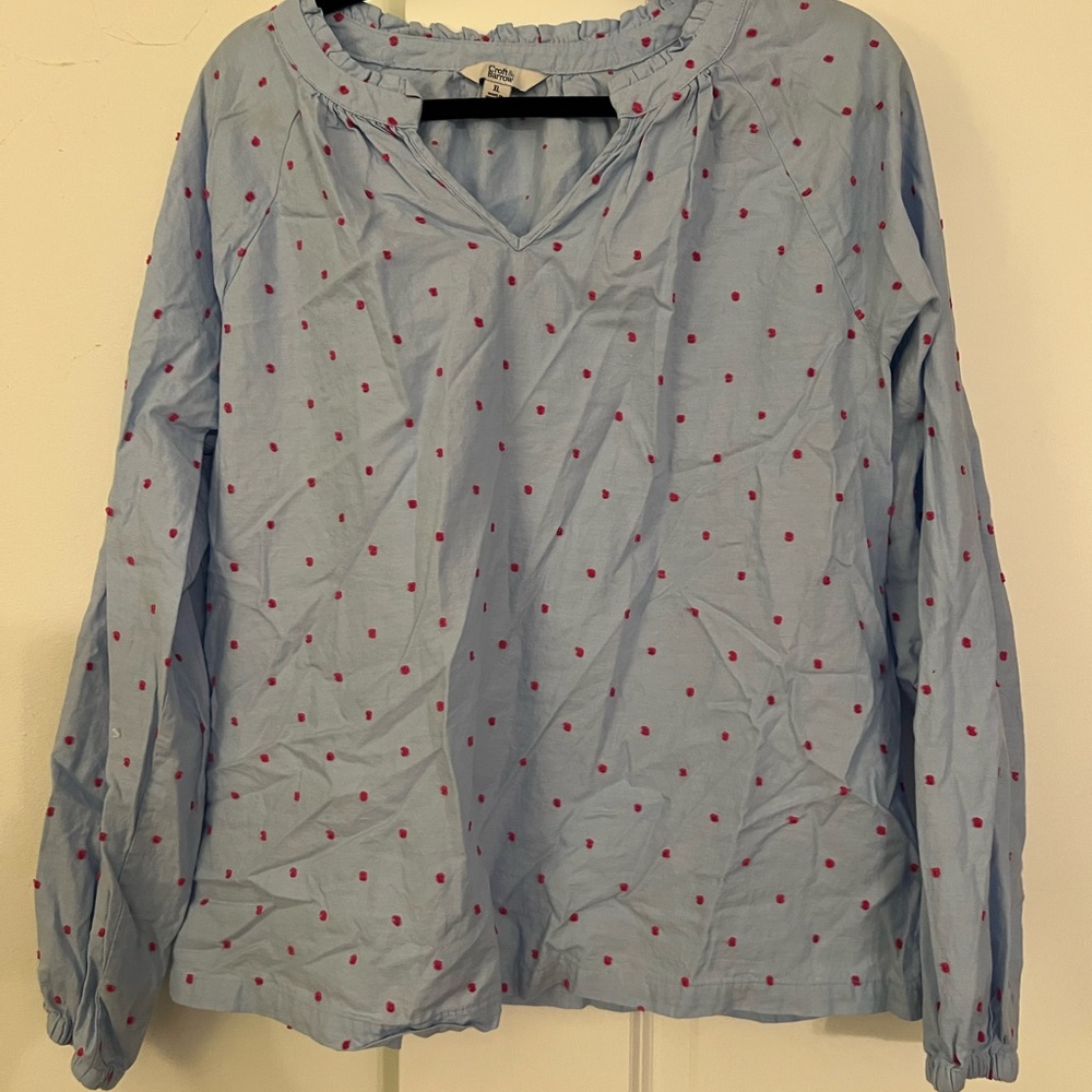 Croft & Barrow Light Blue Blouse with Red Dots